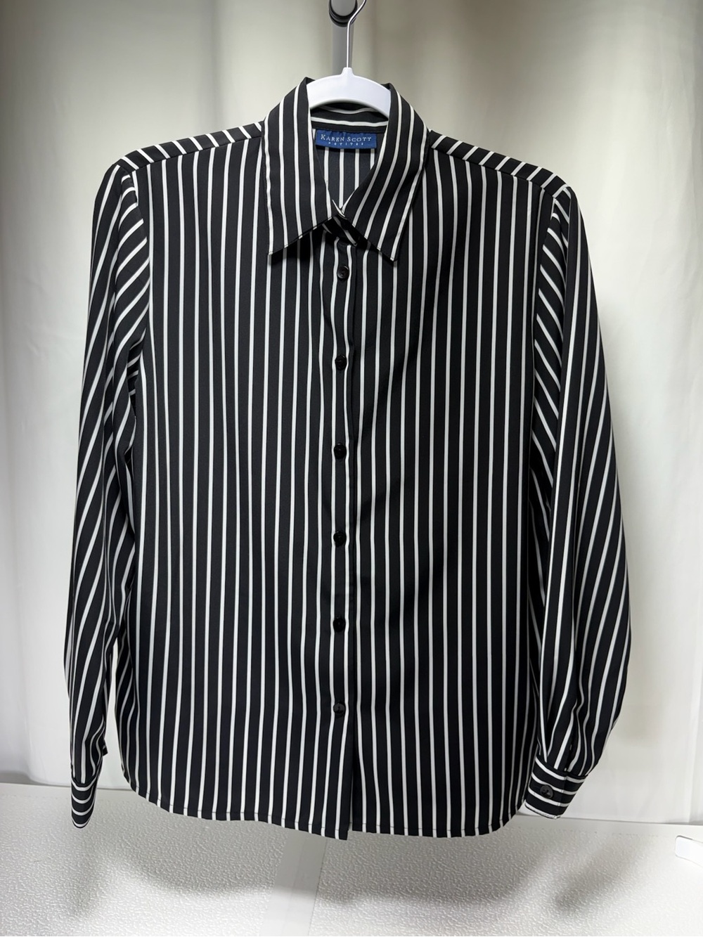 Karen Scott Black and White Vertical Stripe Button-Down Shirt 4440